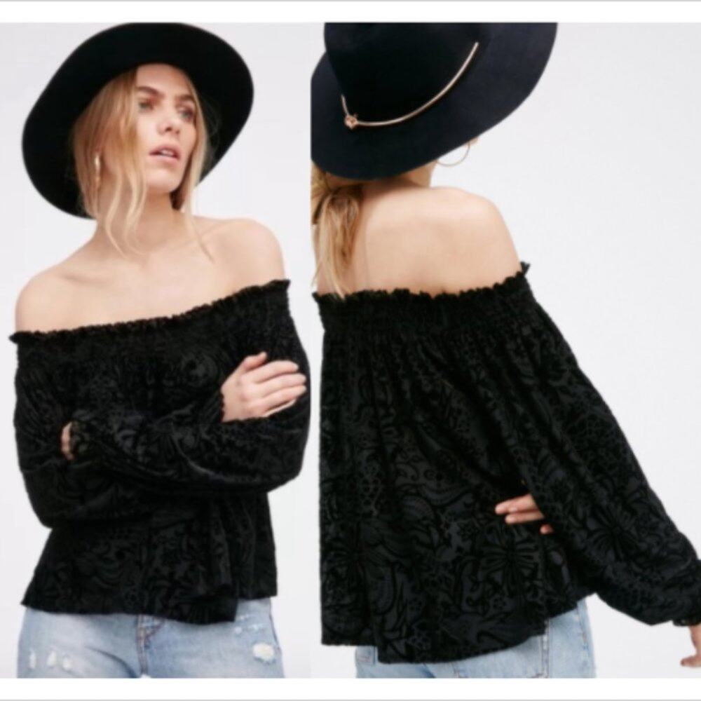 Free People A Little Twist Black Velvet Blouse